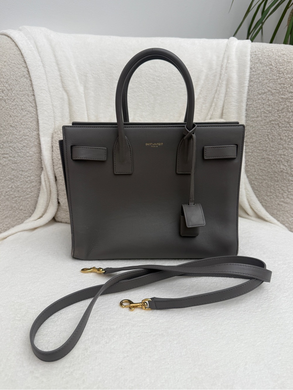 Saint Laurent Dark Gray Small Sac De Jour Satchel with Gold Hardware